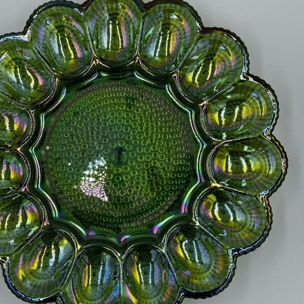 Vintage Indiana Glass Deviled Egg Plate Carnival Green Hobnail 11